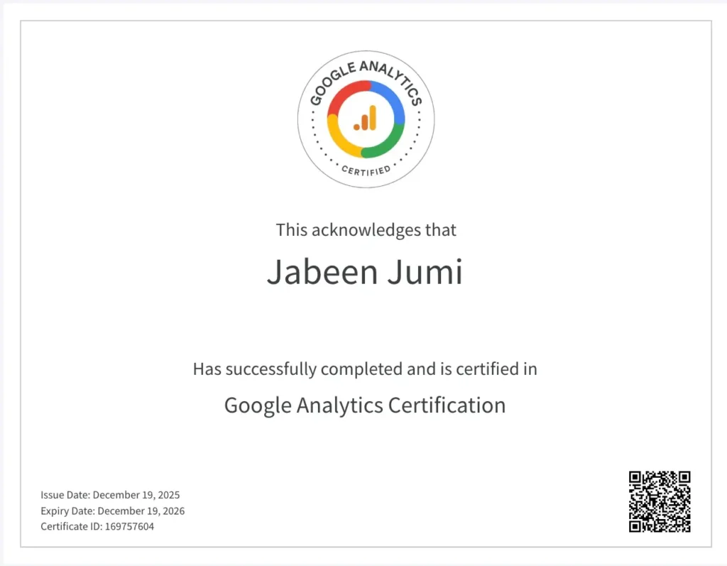 “Google Analytics certification awarded to Jumana Jabeen".