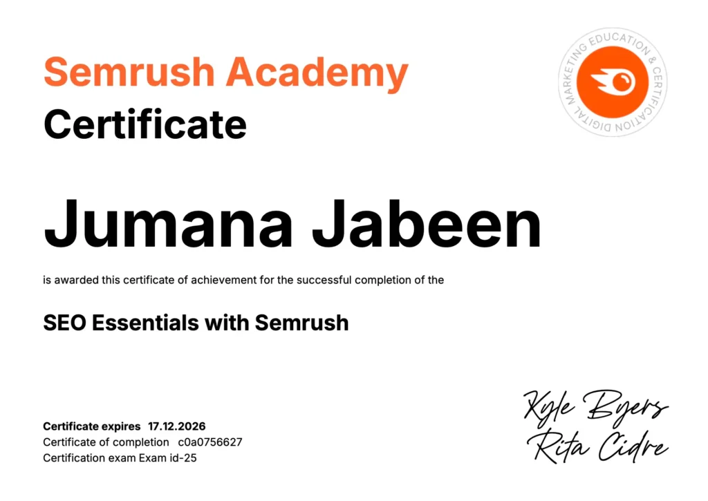 “SEMrush Academy certificate awarded to Jumana Jabeen for SEO Essentials with Semrush.”